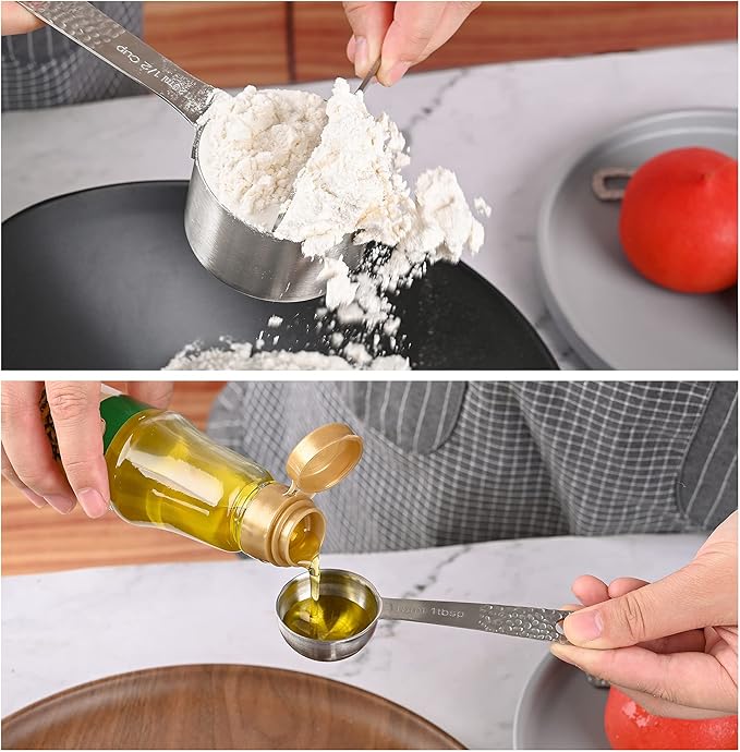 Measuring Cups and Spoons Set 14, 18/8 Stainless Steel Measuring Cups and Spoons Set for Baking & Kitchen, Metric & US Metal 6 Measuring Cups and 7 Measuring Spoons with 1 Leveler