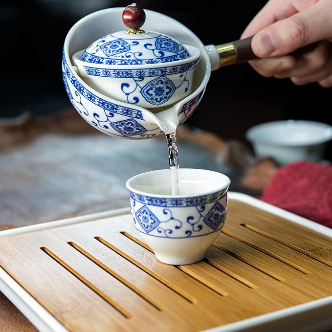 LURRIER Porcelain Chinese Gongfu Tea Set,Portable Teapot Set with 360 Rotation Tea maker and Infuser,Portable All in One Gift Bag for Travel,Home,Gifting,Outdoor and Office (Floral White)
