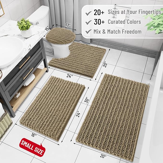 Arotive Luxury Chenille Bathroom Rug Mat, Extra Soft Thick Absorbent Shaggy Bath Rugs, Non-Slip Machine Wash Dry, Plush Bath Mats for Bathroom, Shower and Tub, 44x32, Camel