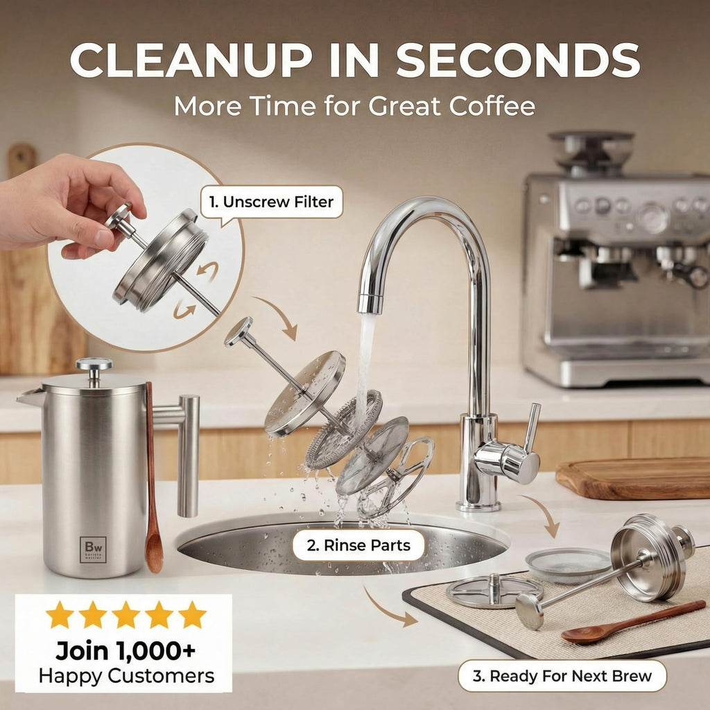 Barista Warrior French Press Coffee Maker - Double-Wall Stainless Steel Insulated French Press with Built-In Thermometer, Dual Filters Coffee Maker with Wooden Spoon - Silver