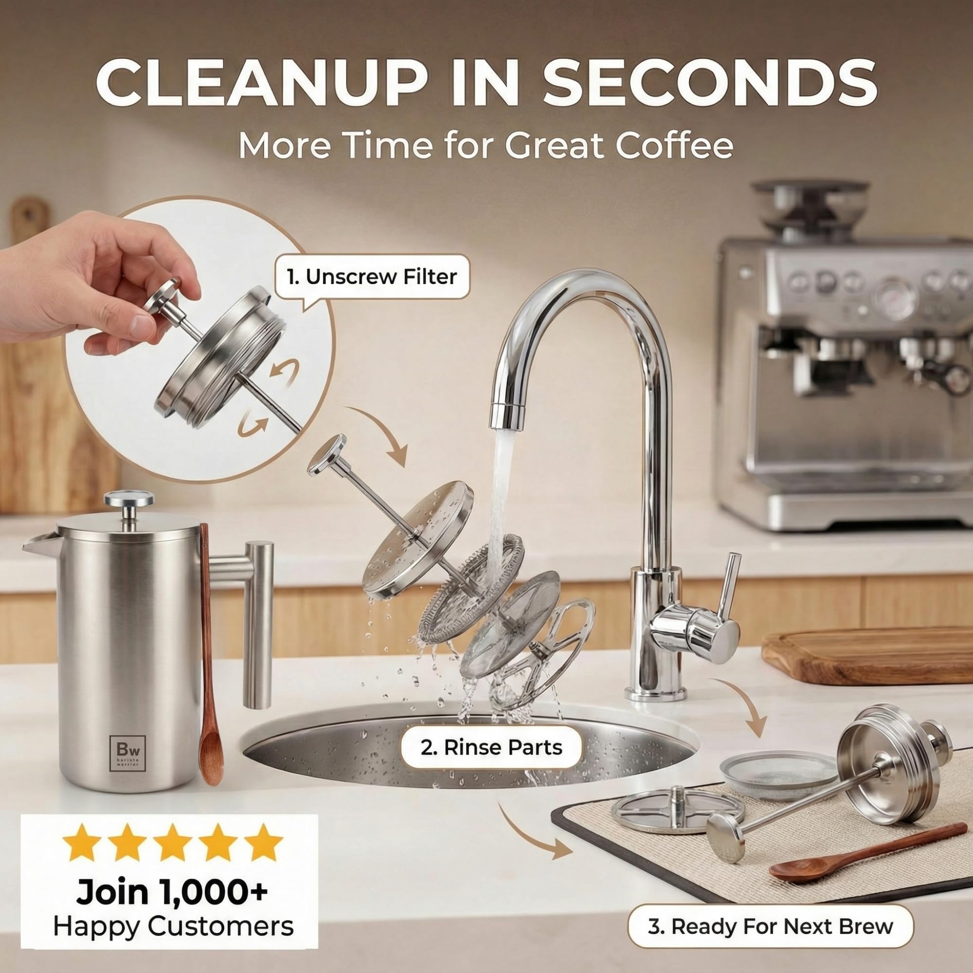 Barista Warrior French Press Coffee Maker - Double-Wall Stainless Steel Insulated French Press with Built-In Thermometer, Dual Filters Coffee Maker with Wooden Spoon - Silver