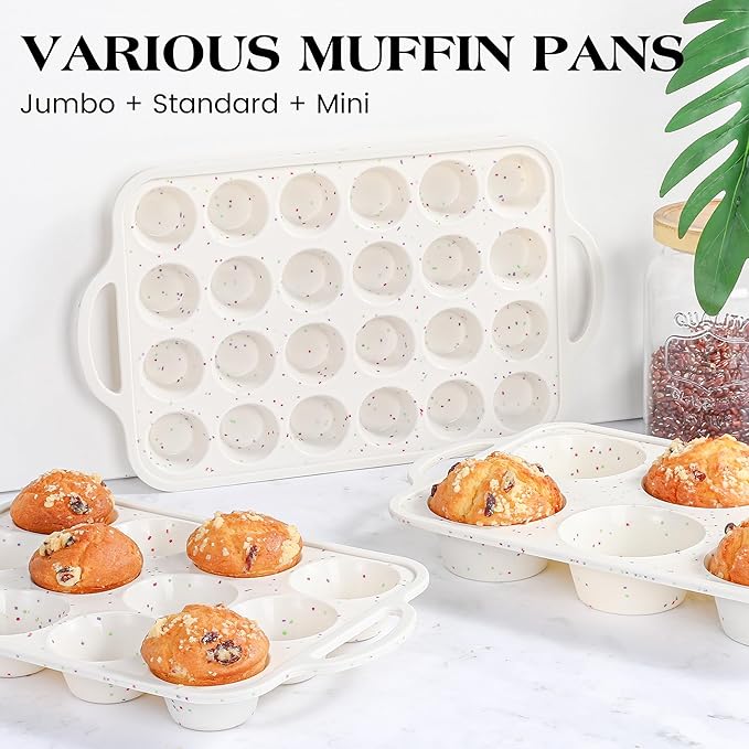 2 Pcs Silicone Mini Muffin Pan With Metal Frame, 24 Cups Nonstick Cupcake Tray for Baking, Small Muffin Molds with Handles (Cream)