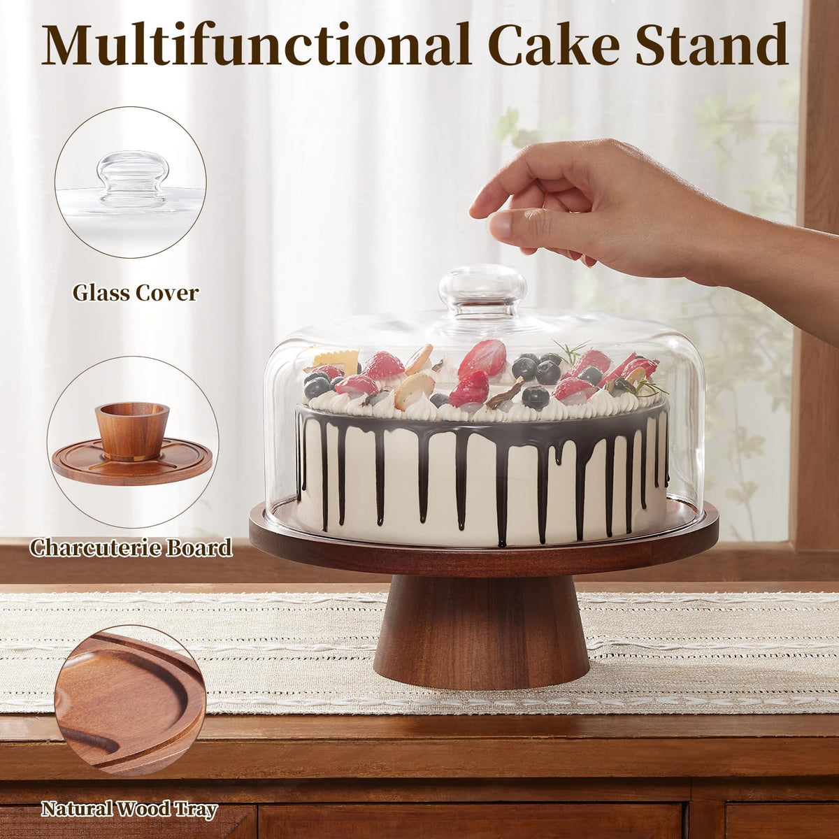 VIVIRBIEN 11in Acacia Wood Cake Stand with Glass Dome&Magnetic Pedestal