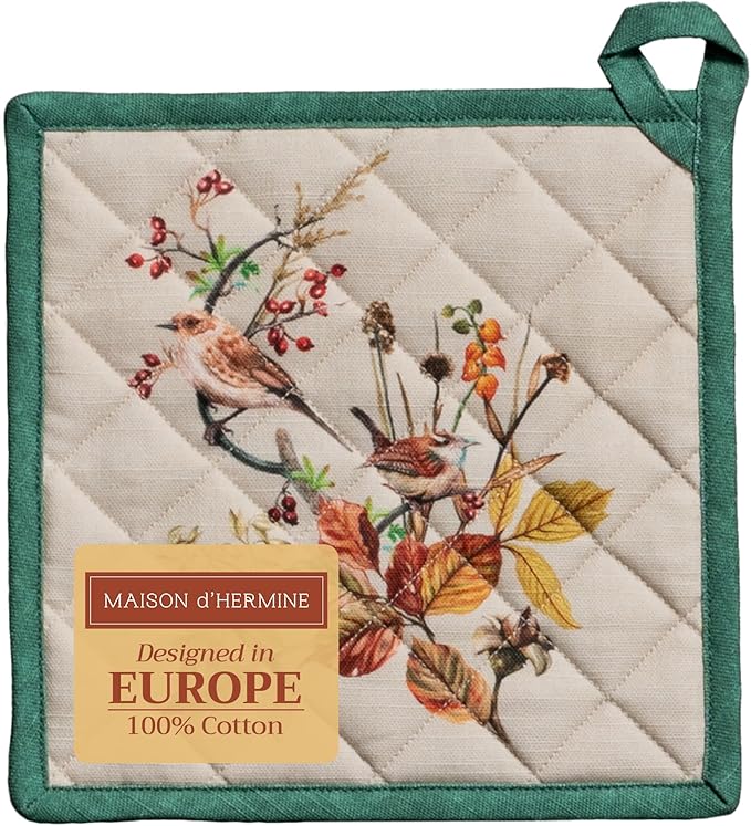 Maison d' Hermine Pot Holders 100% Cotton Heat Resistant Potholders 8" x 8" Hot Pads with Loop BBQ, Cooking, Baking, Grilling, Kitchen, Handling Hot Pans (Pack of 1, Recolte)
