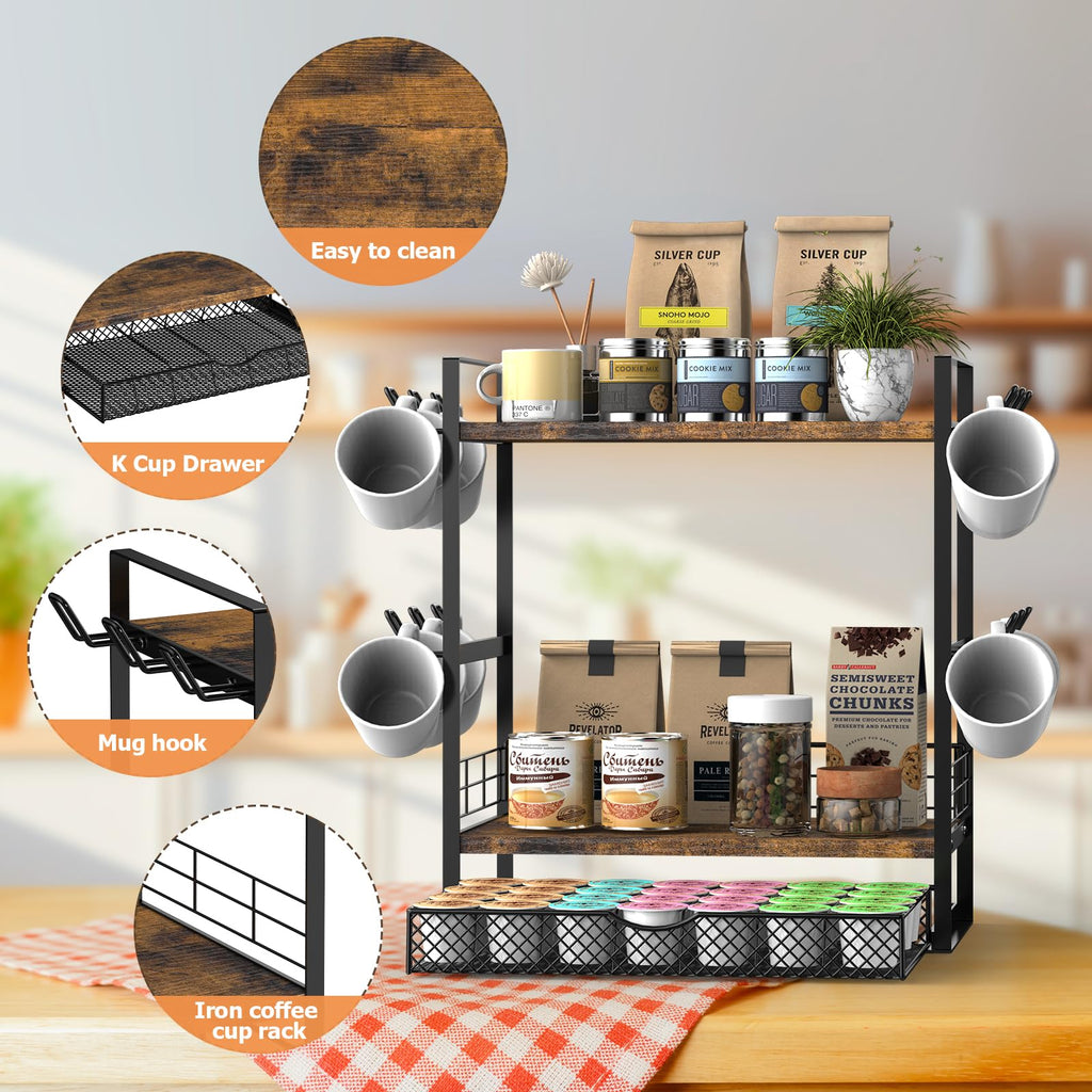 OGEMXU Coffee Station Organizer, 3 Tier Bar Organizer for Countertop, Mug Cup Holder Stand With 12 Hooks and 28 K Cup Storage for Kitchen, Home & Office, Rustic Brown