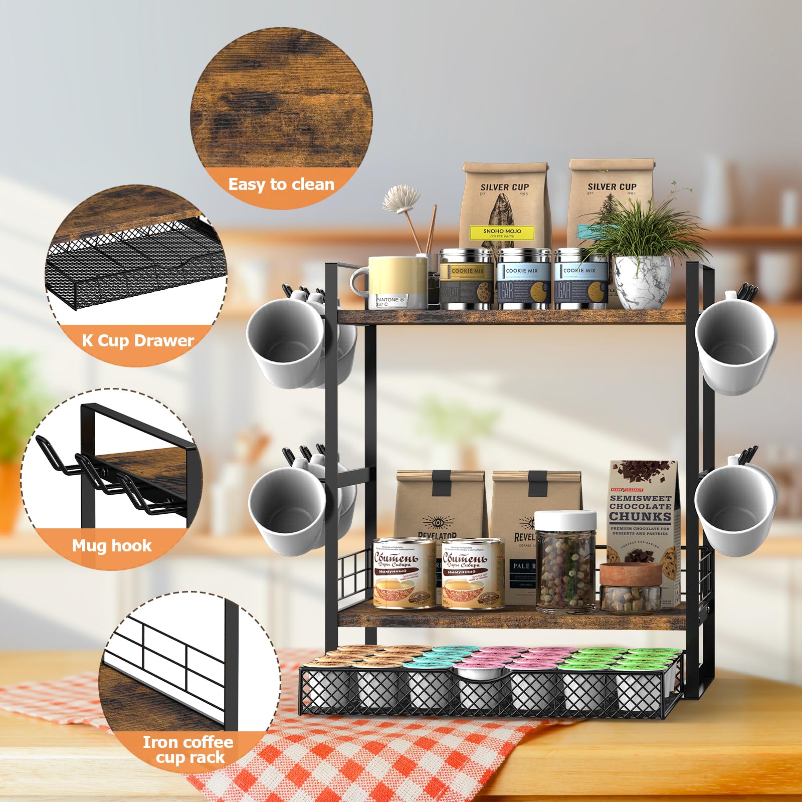 OGEMXU Coffee Station Organizer, 3 Tier Bar Organizer for Countertop, Mug Cup Holder Stand With 12 Hooks and 28 K Cup Storage for Kitchen, Home & Office, Rustic Brown