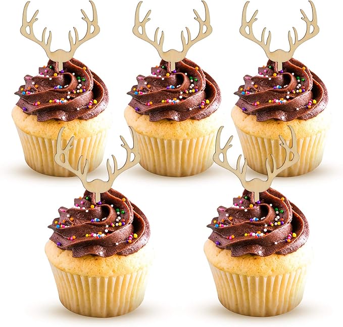Deer Cupcake Toppers Wooden Baby Shower Woodland Antler Cake Picks Party Decorations Wedding Hunting Boho Rustic Country Birthday Party Supplies Set of 24