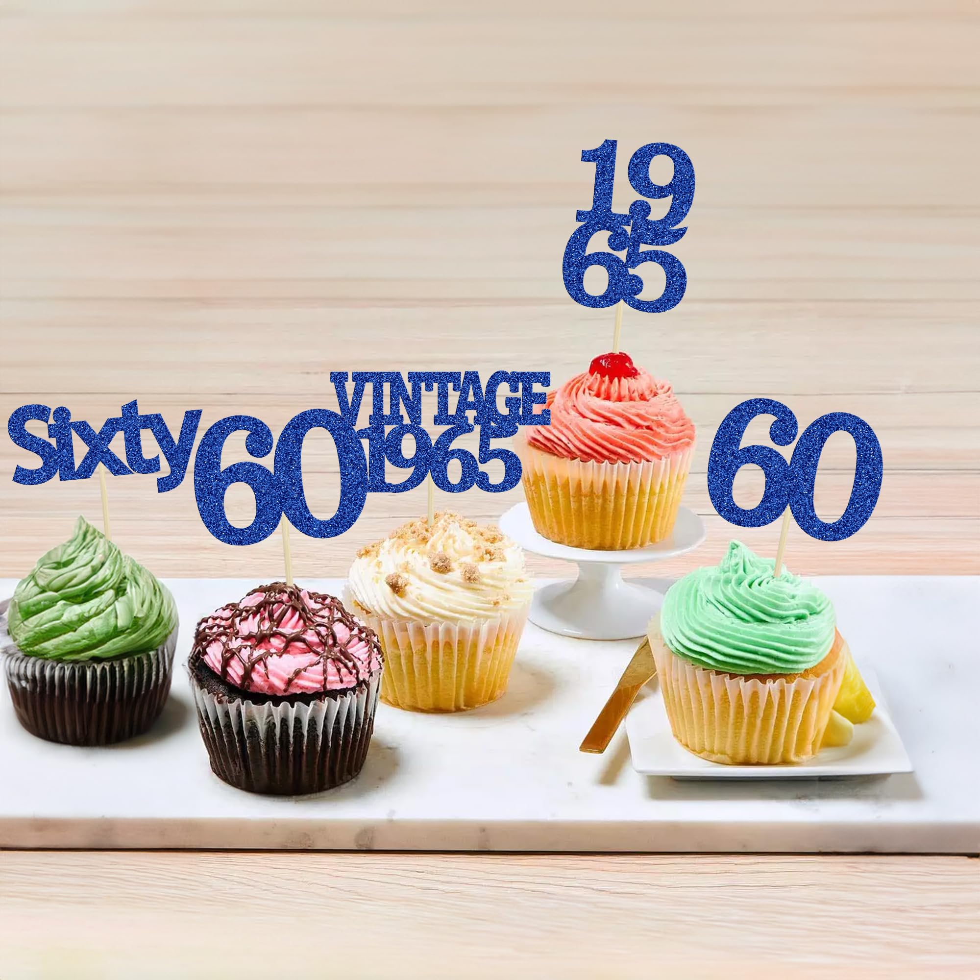 Gyufise 24Pcs Vintage 1965 Cupcake Toppers Cheers to 60 Fabulous Sixty Cupcake Picks Decorations for 60th Birthday Wedding Anniversary Party Cake Decorations Supplies Deep Blue