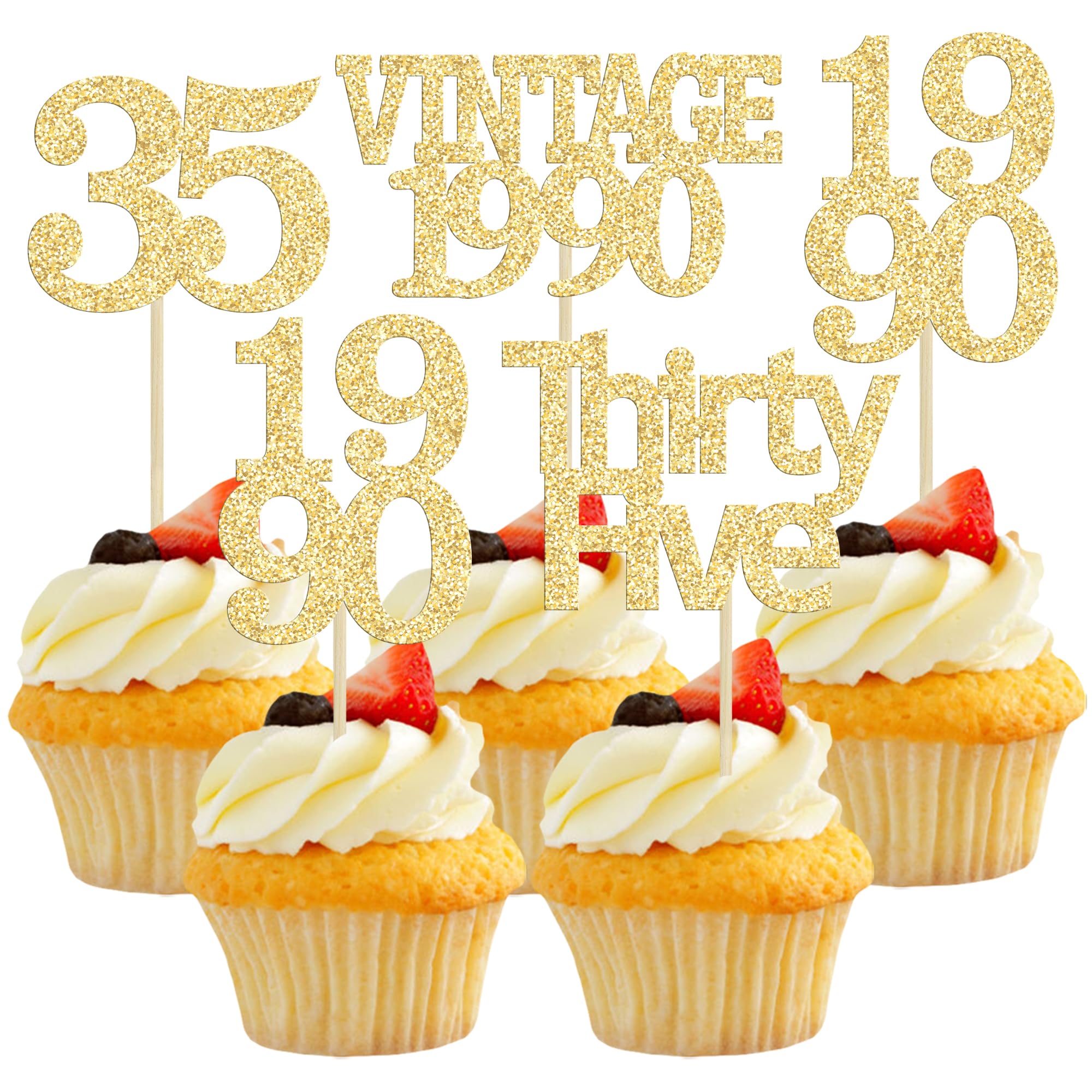 Gyufise 24Pcs Happy 35th Birthday Cupcake Toppers Glitter Thirty Five 35 Fabulous Vintage 1990 Cupcake Picks for 30th Birthday Wedding Anniversary Party Cake Decorations Supplies Gold