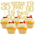 Gyufise 24Pcs Happy 35th Birthday Cupcake Toppers Glitter Thirty Five 35 Fabulous Vintage 1990 Cupcake Picks for 30th Birthday Wedding Anniversary Party Cake Decorations Supplies Gold