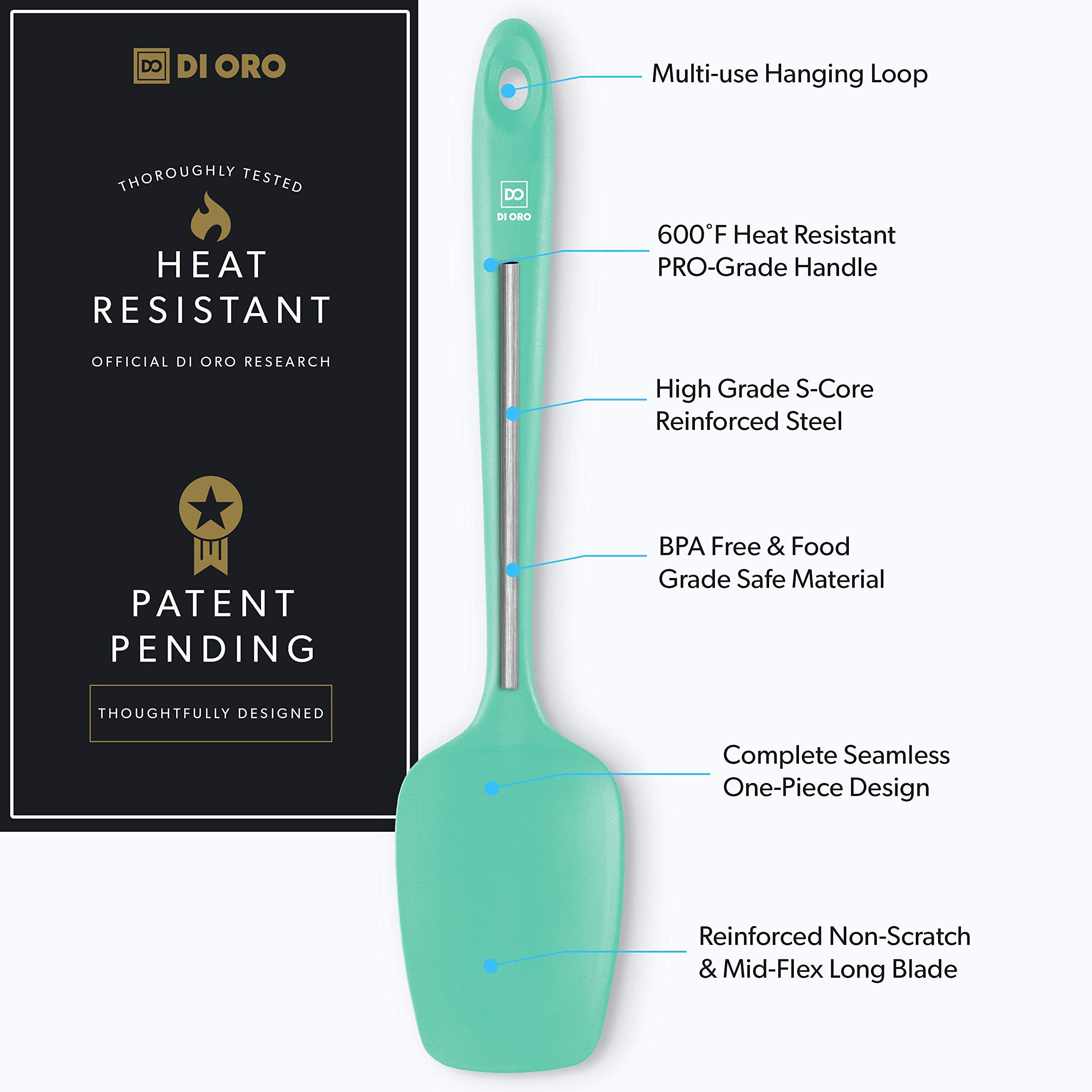 DI ORO Silicone Spoon Spatula - Forever Warranty - 600°F Heat-Resistant Large Silicone Spoonula Scraper - BPA Free Nonstick Cookware Safe Rubber Kitchen Utensil for Baking, Cooking, & Mixing (Mint)