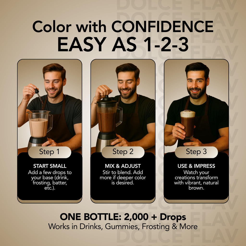 Dolce Flav Natural Brown Food Coloring – 2 oz Liquid Color from Class IV Caramel with Graduated Dropper | Water-Soluble | For Baking, Beverages & Sauces | Kosher | Made in USA