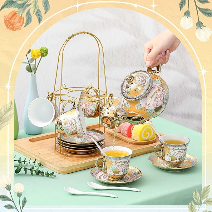 Zhehao 20 Pcs Porcelain Tea Set with Metal Holder and Spoon Adult Ceramic Tea Party Set European Flower Painting Teapot Cup Saucer Spoon Set for Women, Large Version(Classic Style)