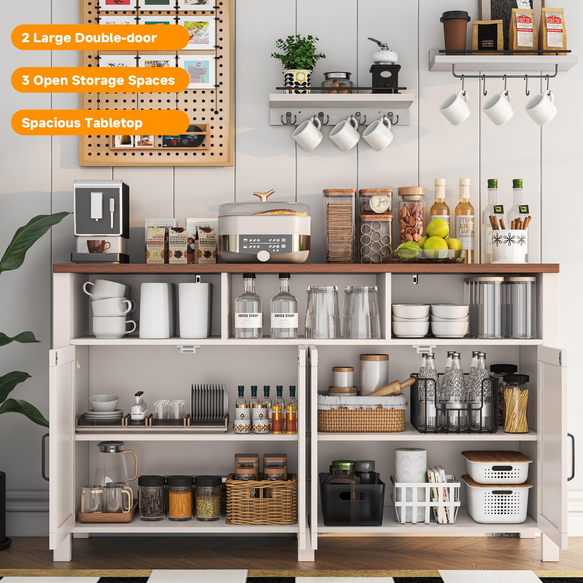knoworld Buffet Sideboard with Storage Farmhouse, Large Kitchen Storage Cabinet Wood Coffee Bar Cabine Buffet for Kitchen, Dining Room, Living Room, 55in, White