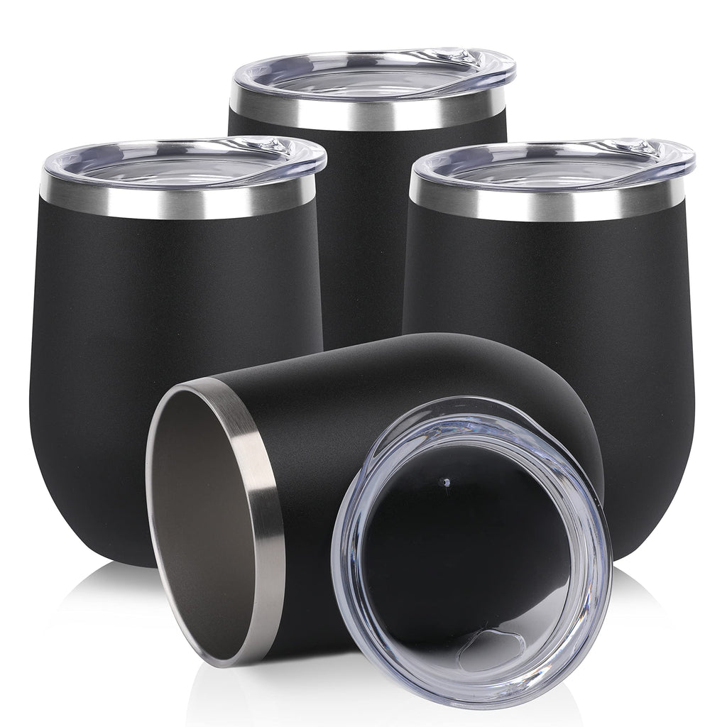 DOMICARE Stainless Steel Wine Tumbler Bulk with Lid, Personalized Insulated Tumblers Set, 12oz Travel Coffee Cups Pack of 4, Black