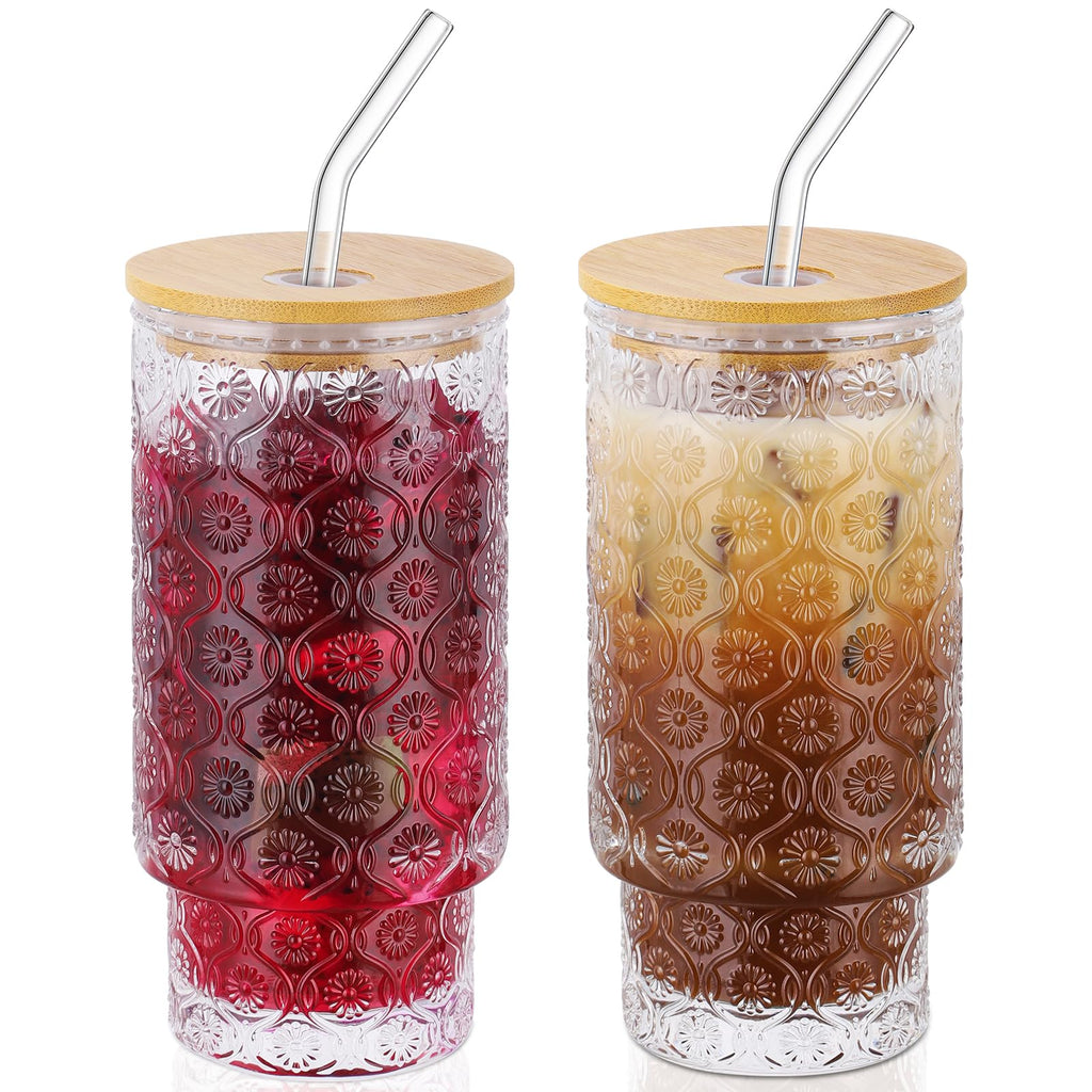 16 Oz Glass Cups Set of 2, Vintage Embossed Floral Glass Tumbler, Iced Coffee Cups with Lid, for Whiskey Cocktail Beer (2 PACK)