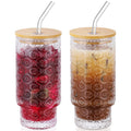 16 Oz Glass Cups Set of 2, Vintage Embossed Floral Glass Tumbler, Iced Coffee Cups with Lid, for Whiskey Cocktail Beer (2 PACK)