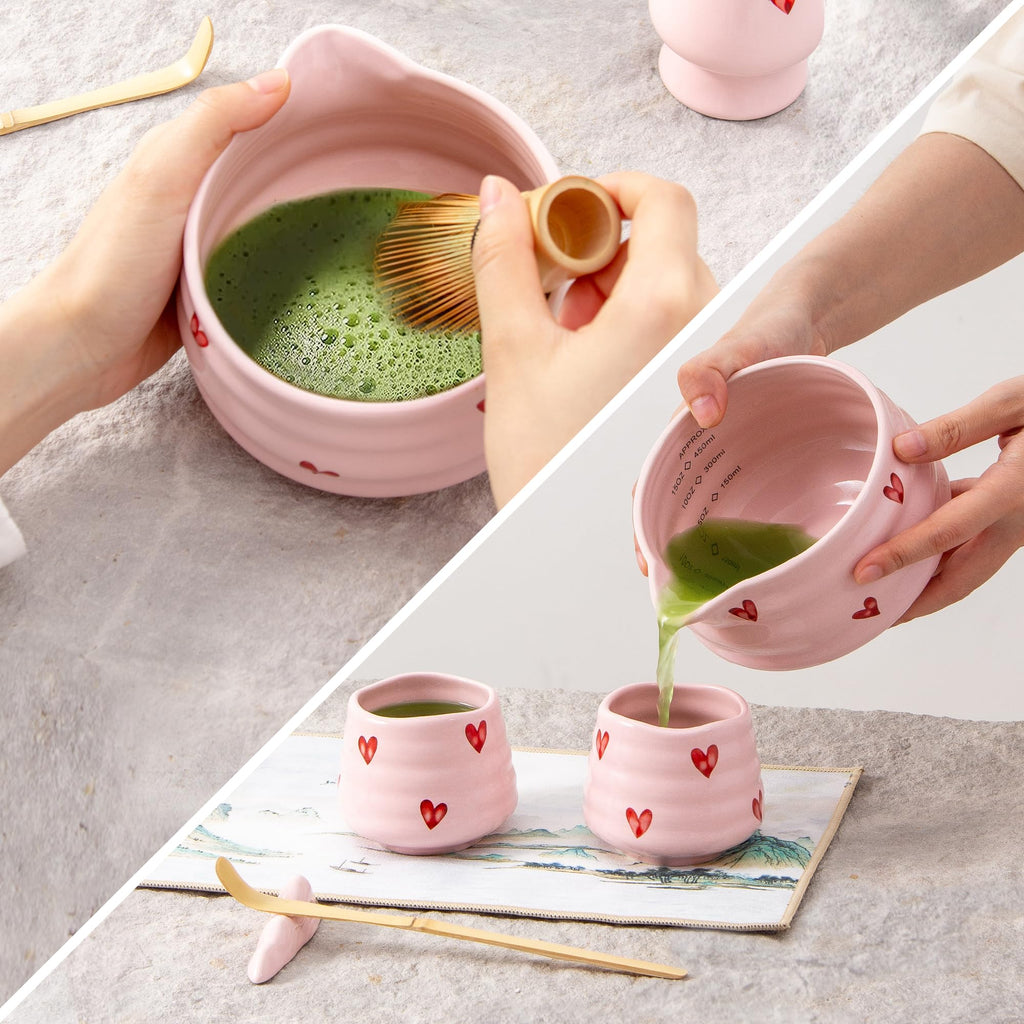 YumiPLUS 2pcs Matcha Bowl with Whisk Holder, Ceramic Pink Matcha Bowl with Spout, 16.5OZ Porcelain Bowl with Measurement Marks, Tea Mixing Bowl with Whisk Stand, Cute Valentine Gift (pink love)