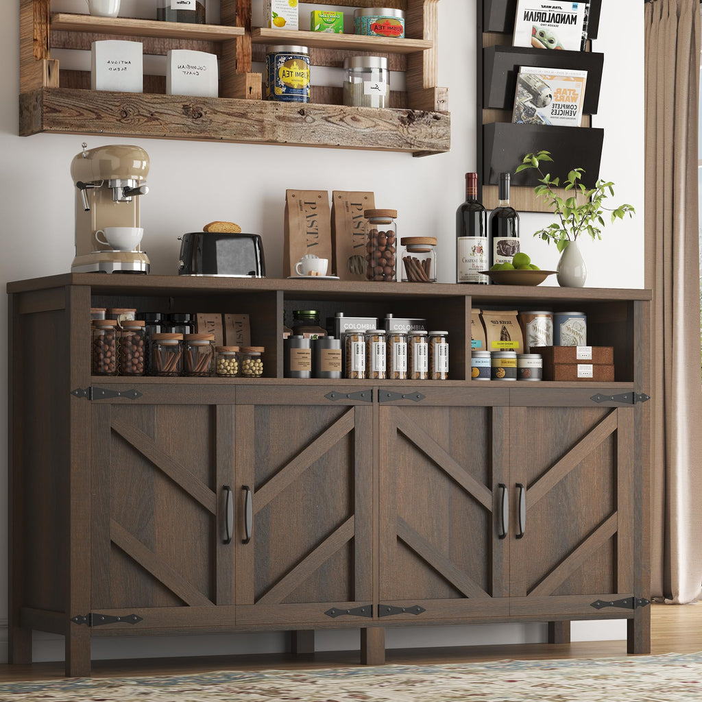 knoworld Buffet Sideboard with Storage Farmhouse with 4 Doors, 55'' Large Kitchen Storage Cabinet Wood Coffee Bar Cabinet Buffet Table with Shelves for Kitchen, Dining Room, Entryway (Brown, 55in)
