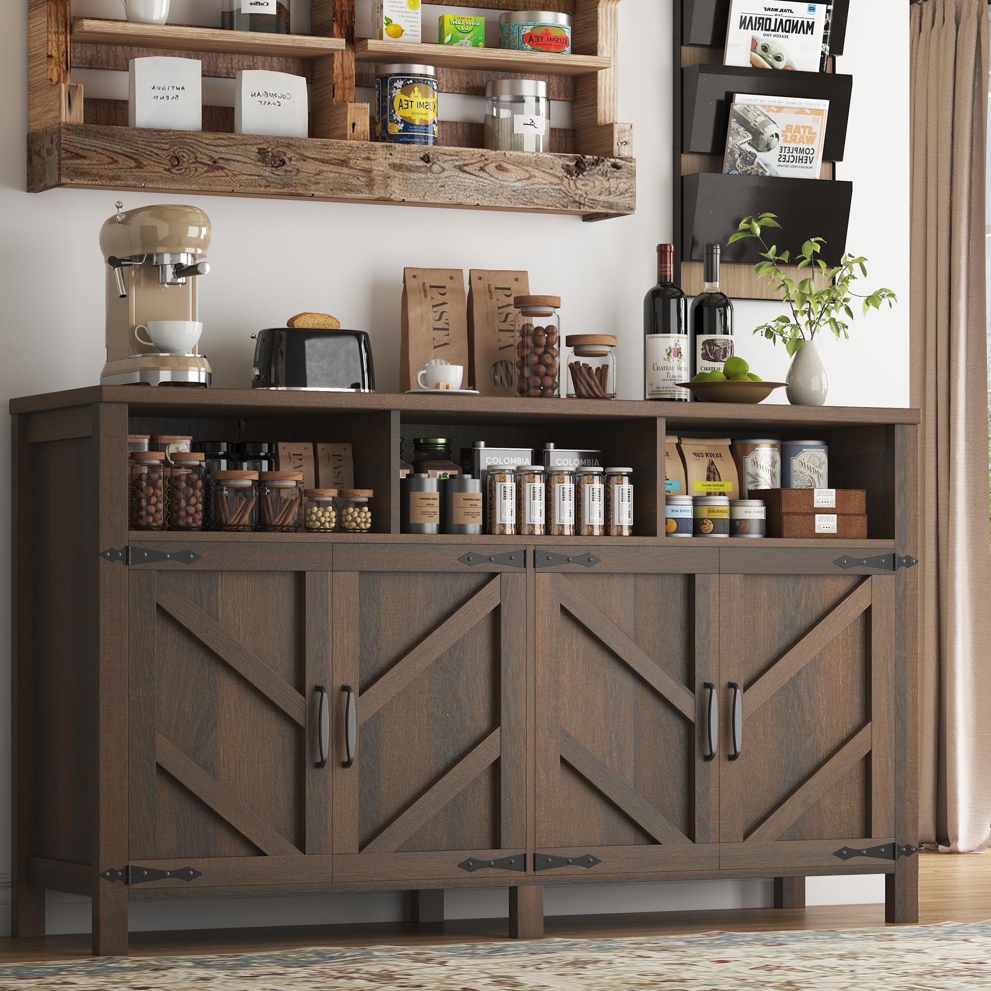 knoworld Buffet Sideboard with Storage Farmhouse with 4 Doors, 55'' Large Kitchen Storage Cabinet Wood Coffee Bar Cabinet Buffet Table with Shelves for Kitchen, Dining Room, Entryway (Brown, 55in)