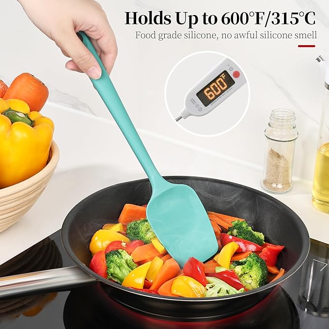 600ºF Heat Resistant Spatulas, High Heat Food Safe Semless Kitchen Silicone Scraper Set for Cooking Baking Mixing Scraping Stirring Nonstick Cookware Pan Bowl (4Pcs,Turquoise)