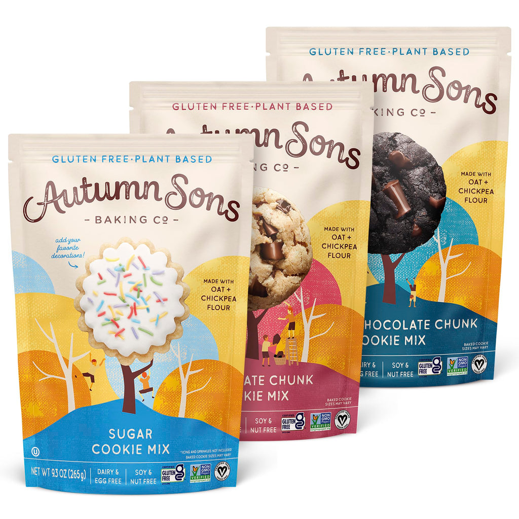 Autumn Sons Baking Co. Gluten Free Cookie Mix Variety Pack. Sugar Cookie, Chocolate Chunk & Double Chocolate Chunk. Vegan Plant Based Baking Mix. Top 9 Allergen Free. 9.3 oz (Pack of 3)