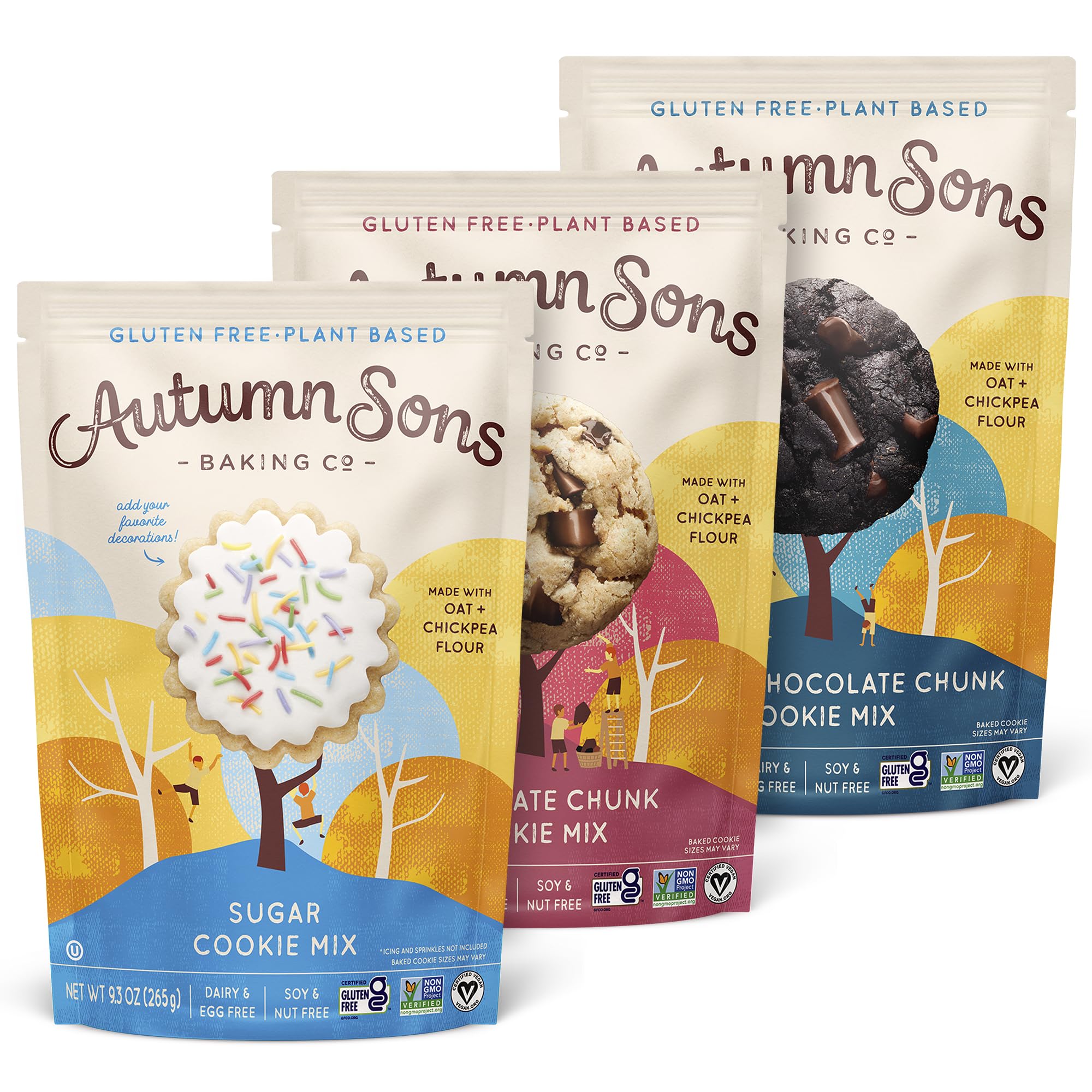Autumn Sons Baking Co. Gluten Free Cookie Mix Variety Pack. Sugar Cookie, Chocolate Chunk & Double Chocolate Chunk. Vegan Plant Based Baking Mix. Top 9 Allergen Free. 9.3 oz (Pack of 3)