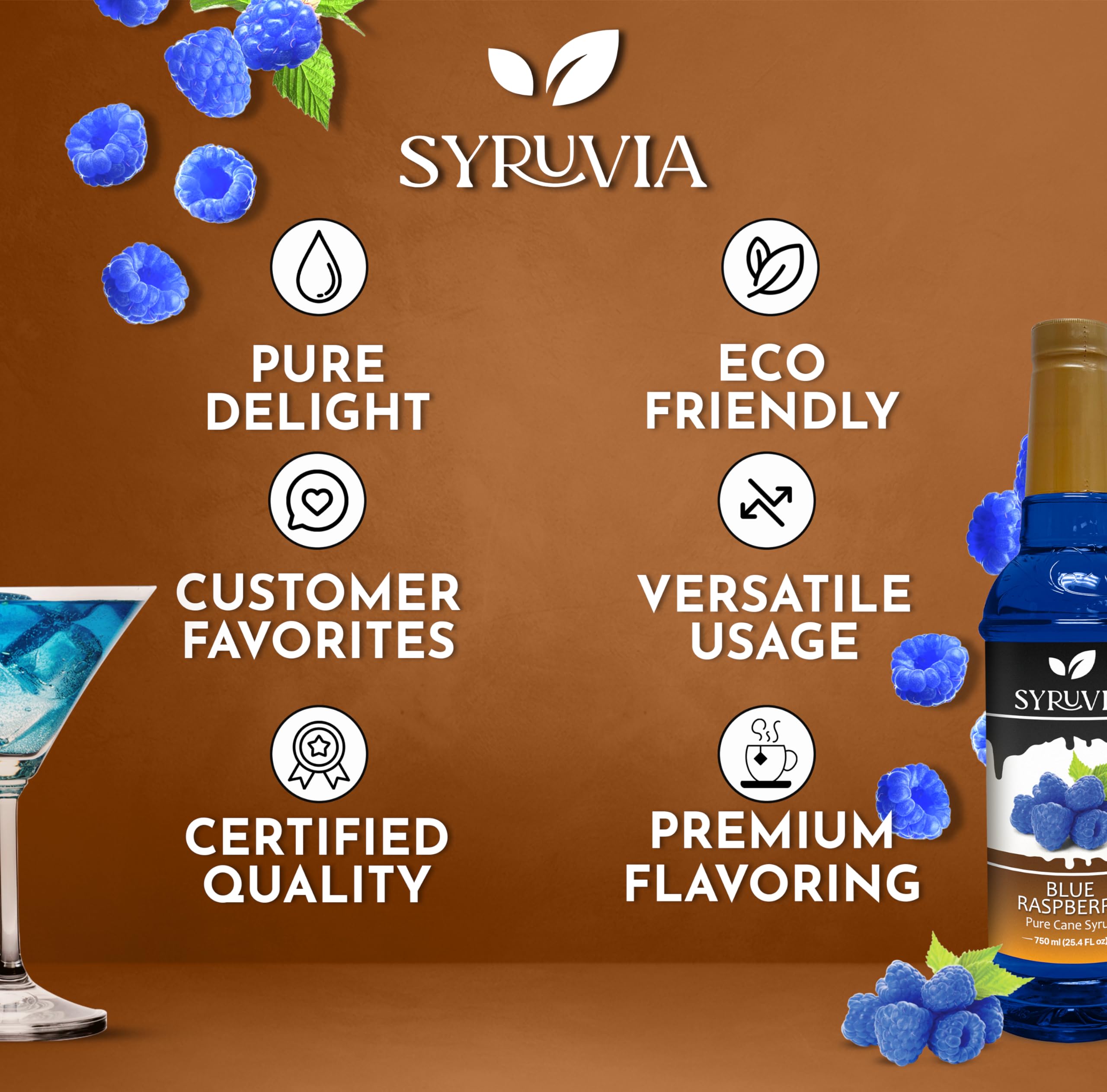 Syruvia Blue Raspberry Syrup, Flavored Syrup for Cocktails, Fruit Drinks, Lemonades, and Desserts – 25.4 fl oz