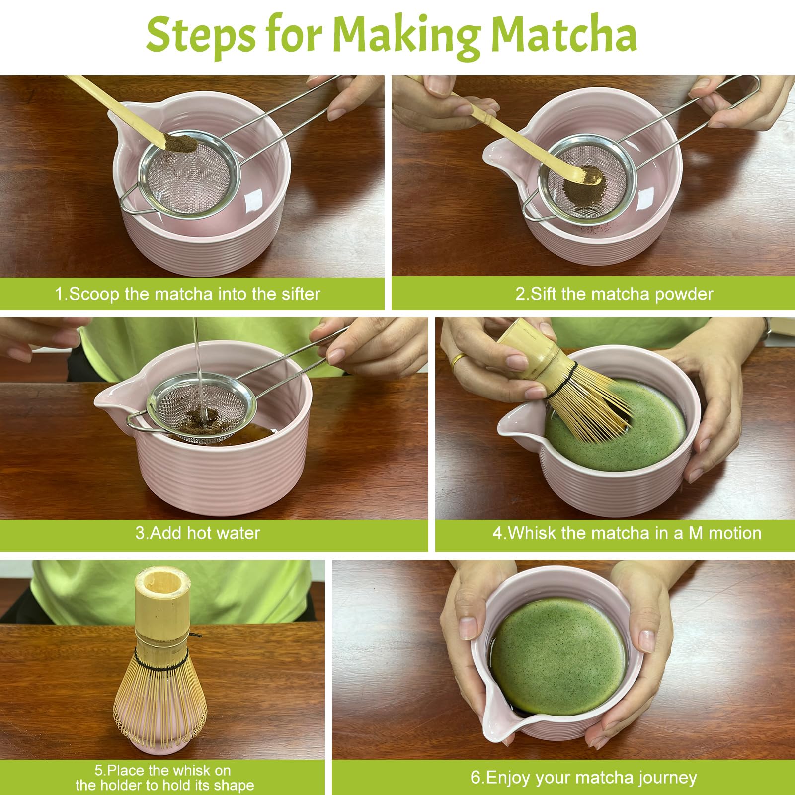 GEXHSRGD Matcha Whisk Set 6 pc Kit - Traditional Japanese Chasen, Bamboo Whisk Holder, Ceramic Bowl with Spout, Sifter & 2 pc Spoons - matcha kit set, Gift for Matcha Tea Lovers(Pink)
