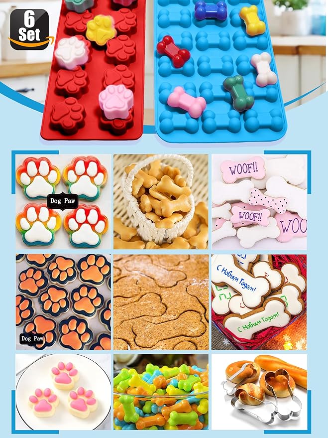 Dog Paw and Bone Molds,Non-Stick Food Grade Silicone Dog Treats Molds for Chocolate, Candy - Set of 6