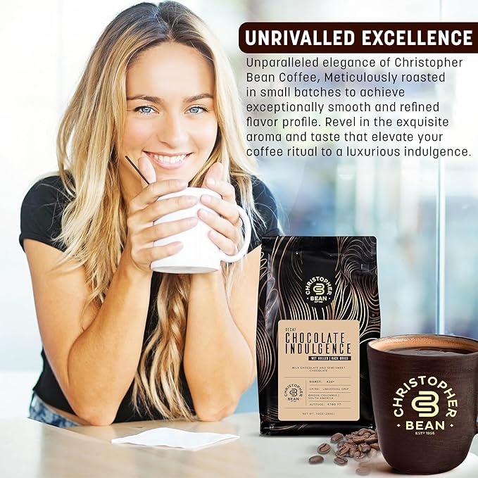 Christopher Bean Coffee - Certified Kosher - Decaf Ground Universal Drip Chocolate Indulgence Flavored Coffee| coffee beans with Medium Roast 100% Arabica, No Sugar, No Fats, Non-GMO | 10 - Ounce Bag