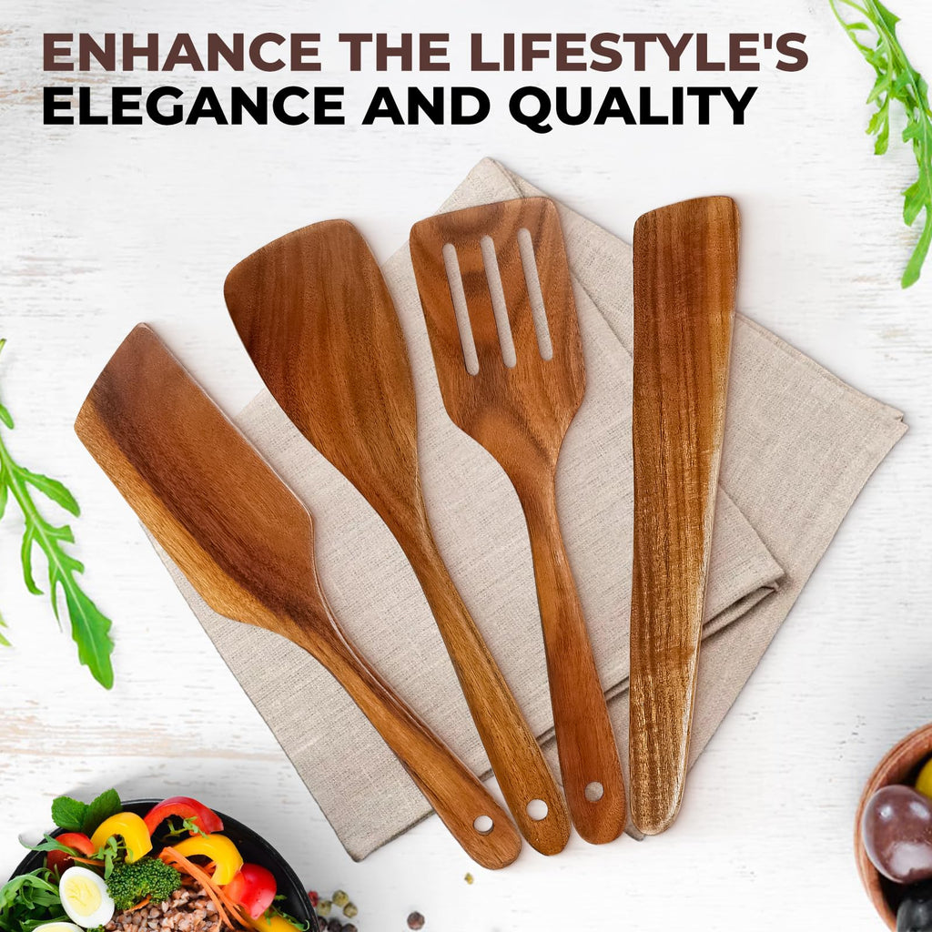 AIUHI Premium Teak Wood Spatula Set, 4-Piece Non-Stick Cooking Utensils for Kitchen, Includes Paddle, Turner, Slotted Spatula & Wood Scraper – Durable & Easy to Clean