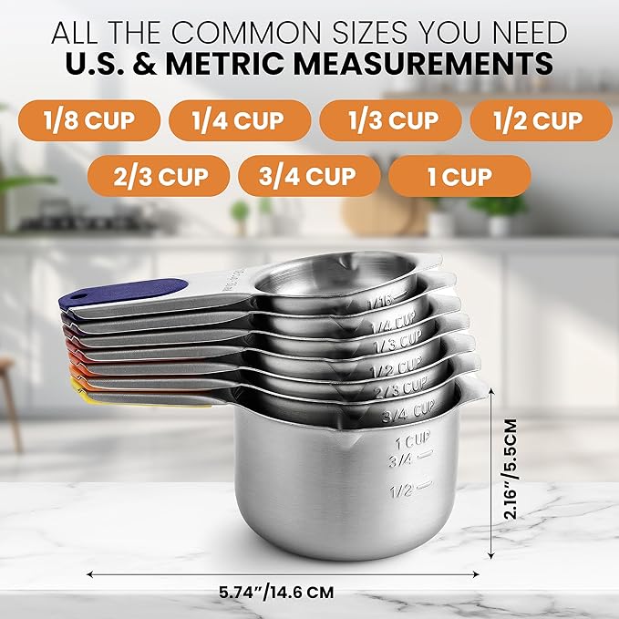 Spring Chef Magnetic Stainless Steel Measuring Cups (Patent Pending), Kitchen Tools with Easy to Read Markings for Measuring Dry or Liquid Ingredients, Set of 7, Mountain Sunrise