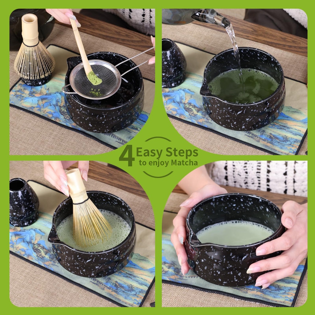 VONAHAST Japanese Ceramic Matcha Bowl - 16oz Speckle Glaze Chawan & Whisk Stand for Perfect Froth, Dishwasher Safe Black