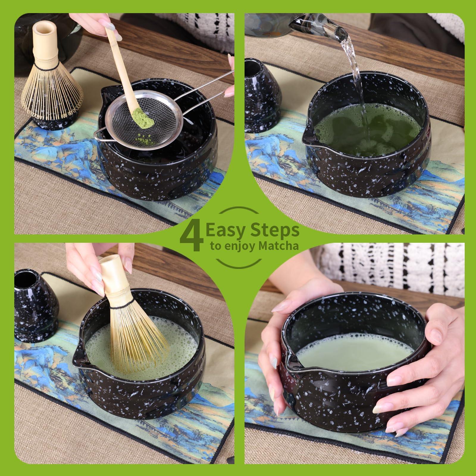 VONAHAST Japanese Ceramic Matcha Bowl - 16oz Speckle Glaze Chawan & Whisk Stand for Perfect Froth, Dishwasher Safe Black