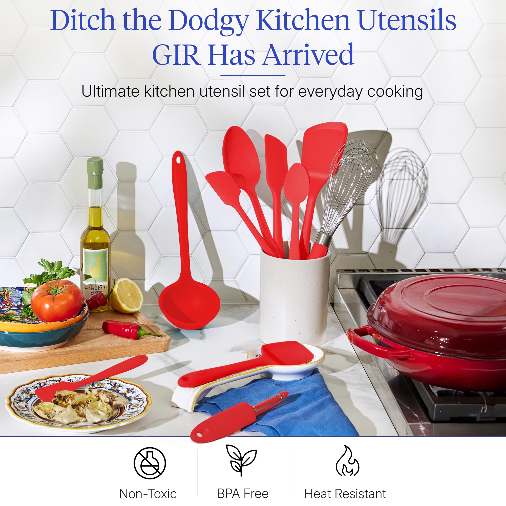 GIR: Get It Right 10-Piece Silicone Ultimate Kitchen Utensil Set – Spatulas, Ladle, Flip, Spoons, Whisk, Peeler & Spoonula – Nonstick, Non-Toxic, Heat-Resistant – Red