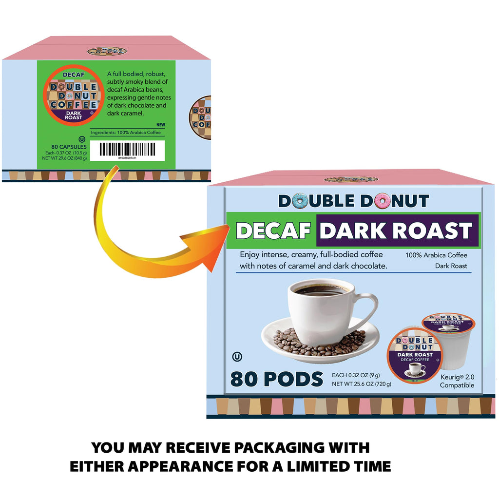 Double Donut Coffee Decaf Dark Roast Coffee Pods, Extra Bold Blend Coffee, Single Serve Coffee For Keurig K Cups Machines, Decaf Dark Roast Coffee in Recyclable Pods, 80 Count