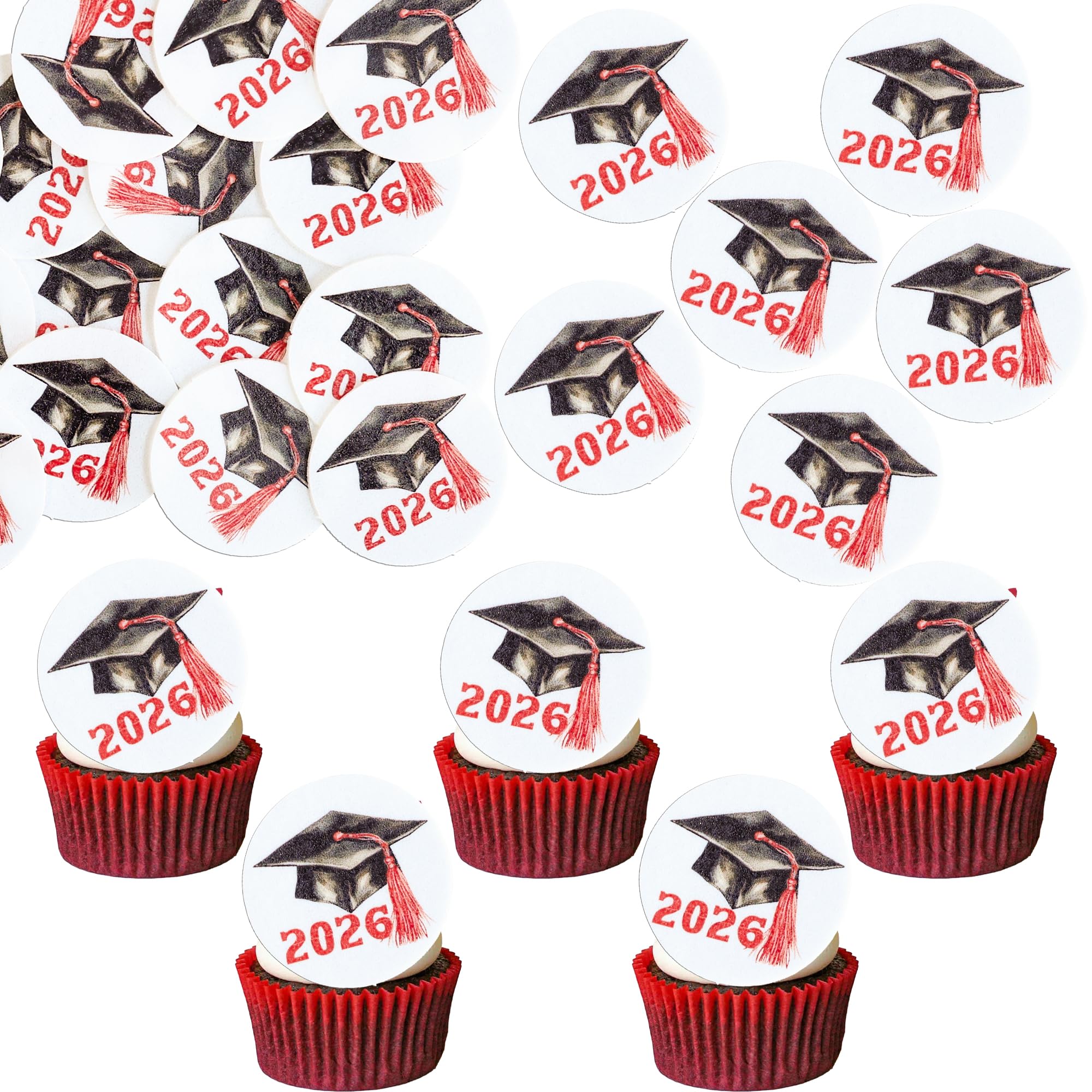 Gyufise 48Pcs Edible 2026 Graduation Cap Cupcake Toppers Wafer Paper Class of 2026 Grad Cap Cupcake Picks for 2026 Graduation Theme Party Cake Decorations Supplies Red