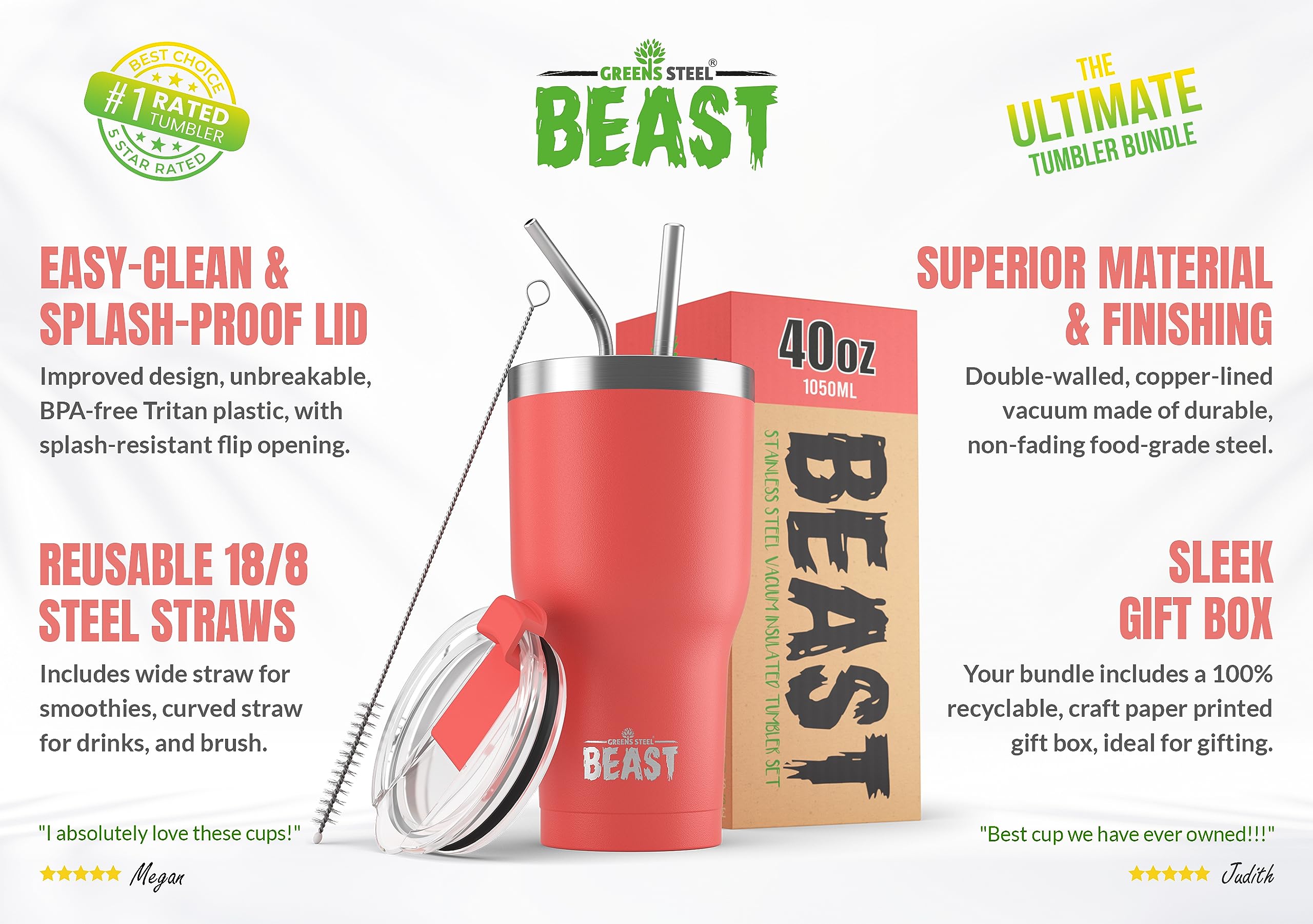 Beast 40 oz Tumbler Stainless Steel Vacuum Insulated Coffee Ice Cup Double Wall Travel Flask (Coral Pink)
