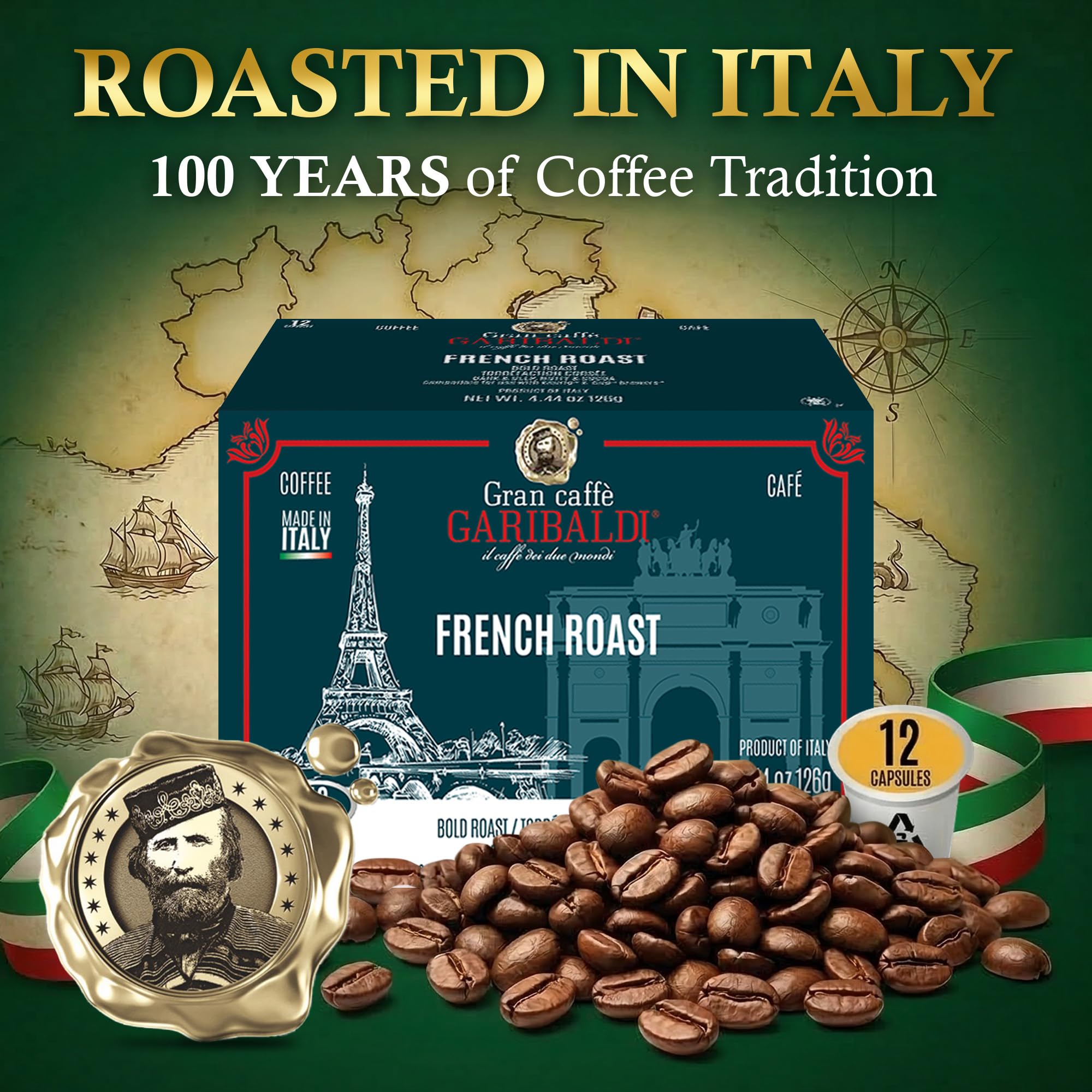 Caffè Garibaldi French Roast Coffee Pods, Dark Roast, 12 Count K Cups