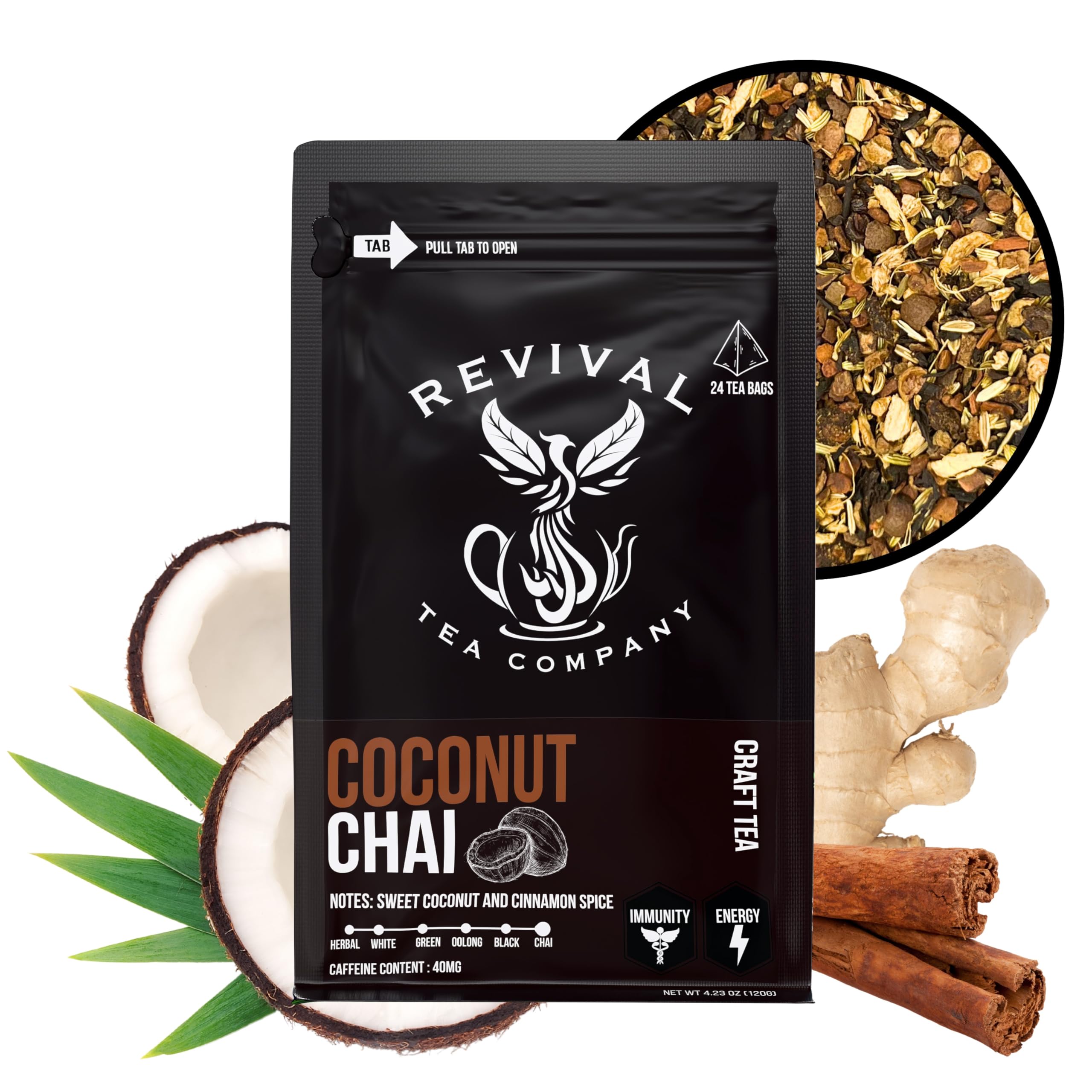 Revival Tea Company Coconut Chai Tea - Black Tea Blend with Fresh Spiced Chai and Coconut Flavor - Loose Leaf 8 Ounces