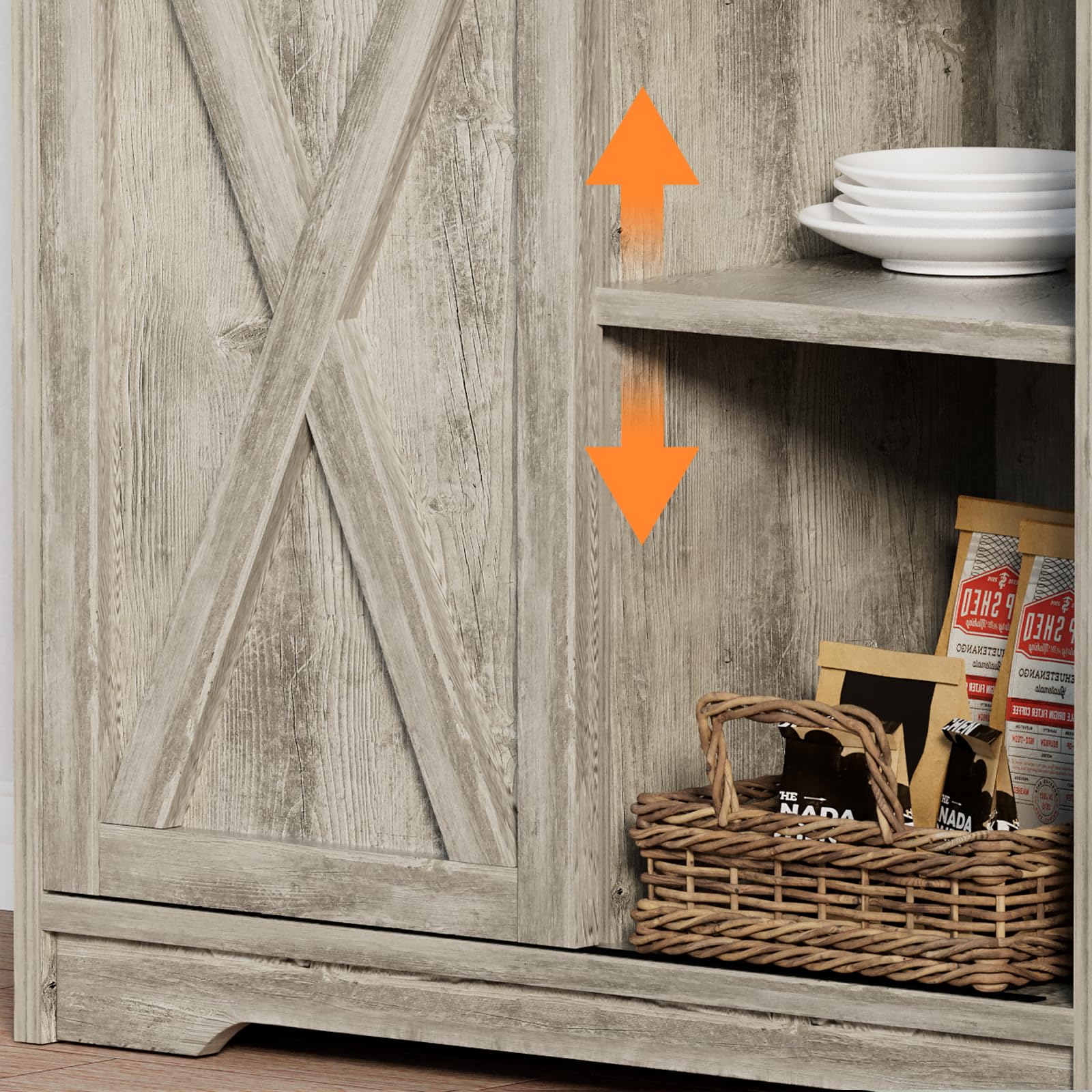BestHaped Farmhouse Coffee Bar with 3 Tier Storage Hutch, 56 Inch Small Coffee Station with 6 Hooks, Corner Bar Table with Adjustable Shelves for Living Dining Room (Grey)