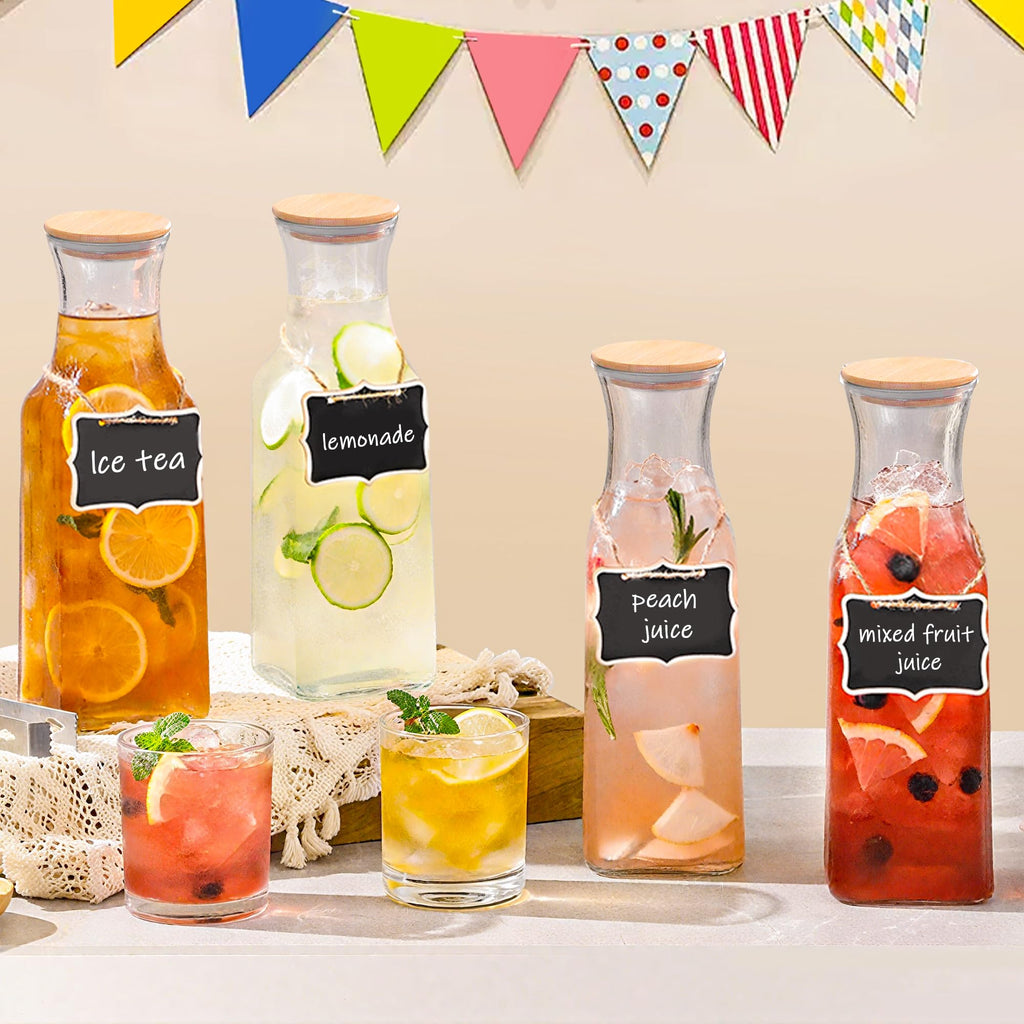 Tinaforld Glass Carafe with Bamboo Lid, Square 35 Oz Beverage Dispensers Carafe, Mimosa Bar Supplies, Round Clear Glass Pitcher with Name Labels for Iced Tea, Coffee, Juice(Set of 6)