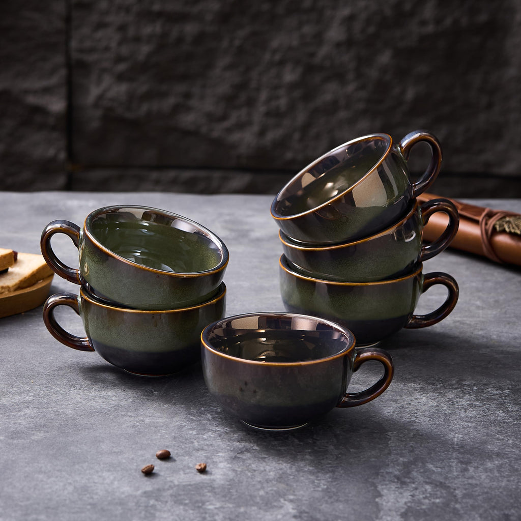 Coffeezone Set of 6 Vintage Design 12 oz Professional Barista Ceramic Latte Art Cappuccino Cups Set (Sea Grey * 6)