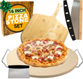 Round Pizza Stone for Oven 16 inch - Large Pizza Stone with Handles, Metal Pizza Peel, Pizza Cutter and Dough Tool - Baking Stone for Oven Bread - Thick Durable Cordierite Baking Stones