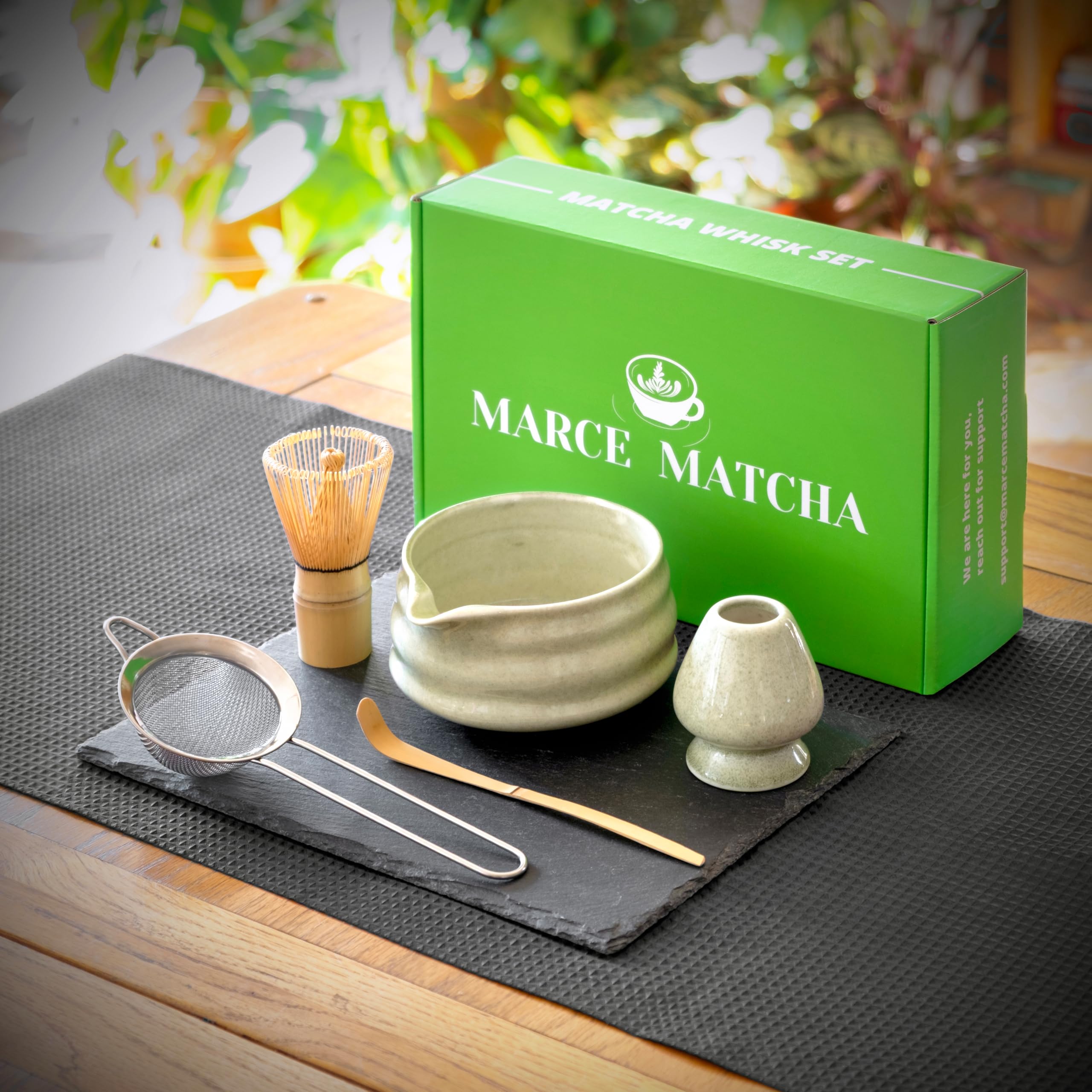 Marce Matcha Whisk Set- Matcha Set includes Matcha Whisk and Bowl (Bowl with Spout), Sifter, Holder and Scoop- The Perfect Bamboo Whisk for Matcha Tea (Black- 7PC)