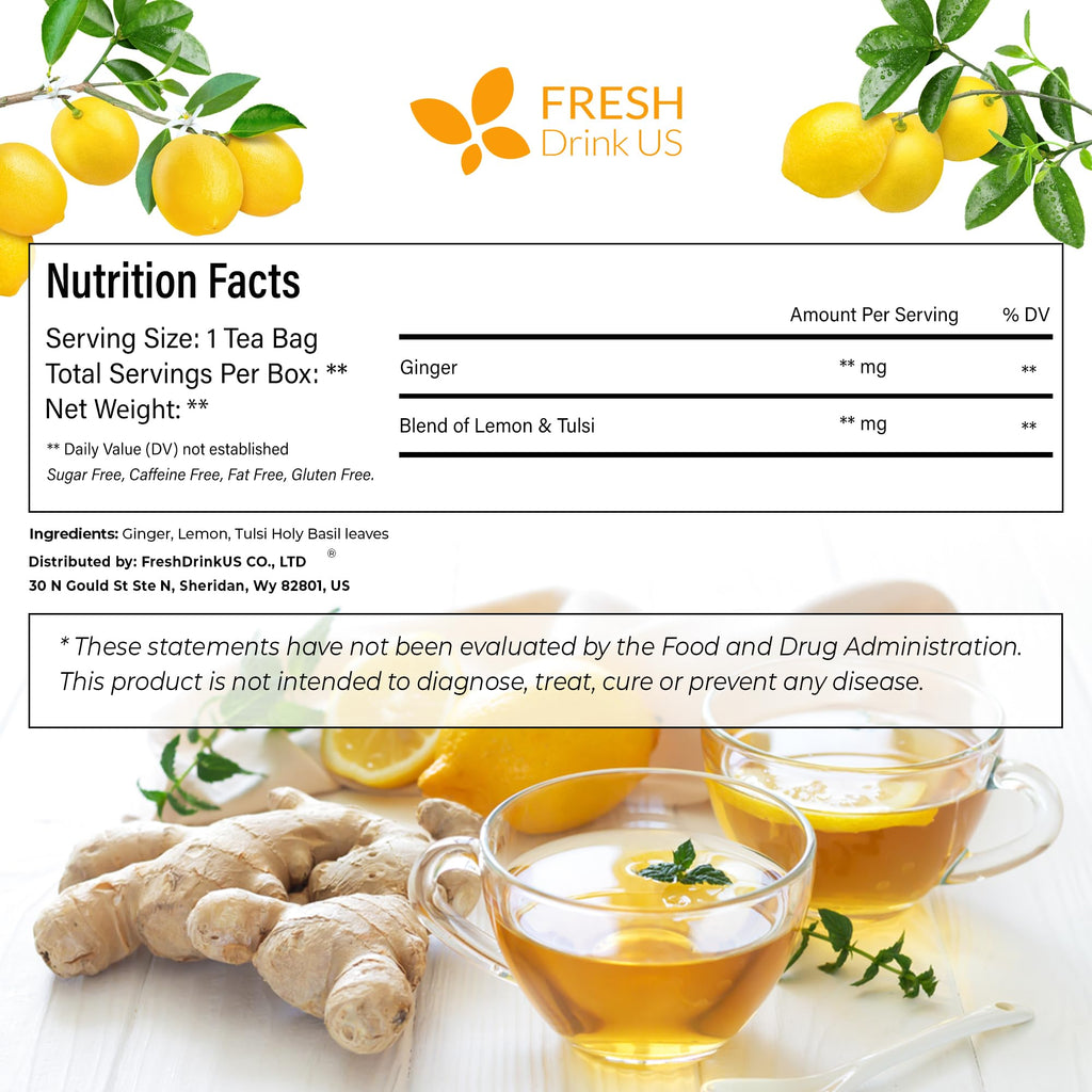 FreshDrinkUS, Premium 75 Tulsi Lemon Ginger Tea Bags, 100% Natural & Pure from Tulsi Holy Basil Leaves, Lemon and Ginger. Made with Natural Material Tea Bags. No Sugar, No Caffeine, Vegan.