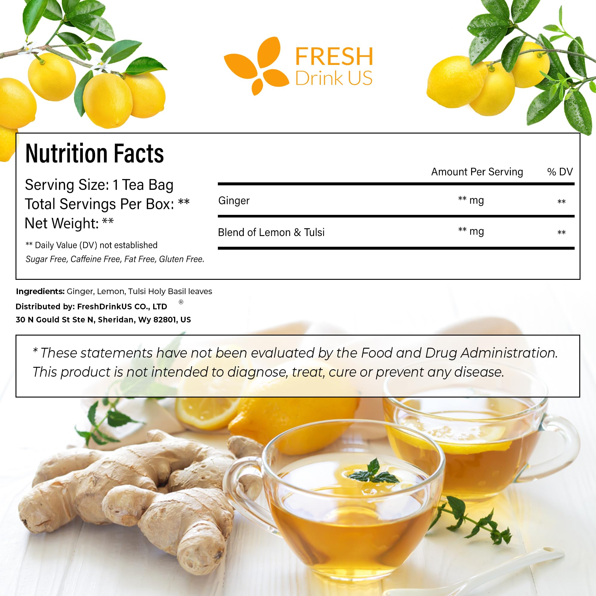 FreshDrinkUS, Premium 75 Tulsi Lemon Ginger Tea Bags, 100% Natural & Pure from Tulsi Holy Basil Leaves, Lemon and Ginger. Made with Natural Material Tea Bags. No Sugar, No Caffeine, Vegan.