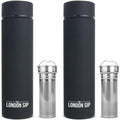 London Sip Multi-Purpose Travel Mug and Tumbler Fruit Infused Flask Hot and Cold Double Wall Stainless Steel Thermos with Extra-Long Infuser, Zen Black, Pack of 2