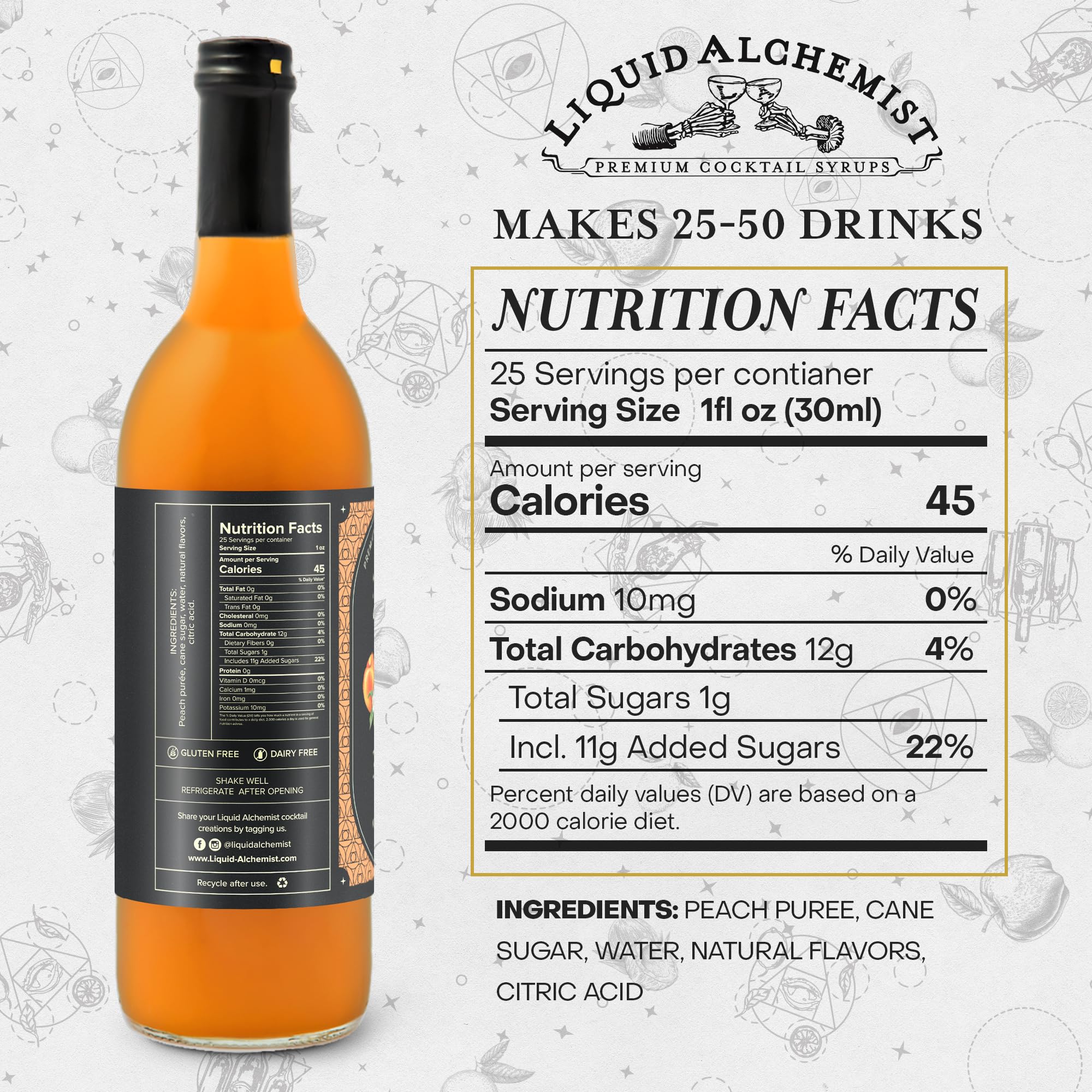 Liquid Alchemist Peach Syrup for Cocktails | Real Ingredients Make our Peach Syrup for Drinks a Perfect Bellini Mix | Small Batch, Non-GMO & Vegan | 25.4 oz Drink Mixer, Pack of 1